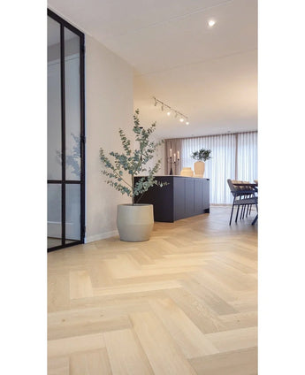 Moderne, minimalistische keuken en eethoek met lichthouten visgraatvloeren, beige muren en grote ramen met transparante gordijnen. Een Kunstplant Eucalyptus 150 cm staat bij een glazen deur; een andere siert het donkere keukeneiland.