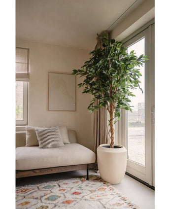 A modern living room with a beige sofa, a cushion with stripes, abstract wall art, a patterned rug, a floor-to-ceiling window with transparent curtains that let in natural light and an Artificial Plant Ficus Green 210 cm.
