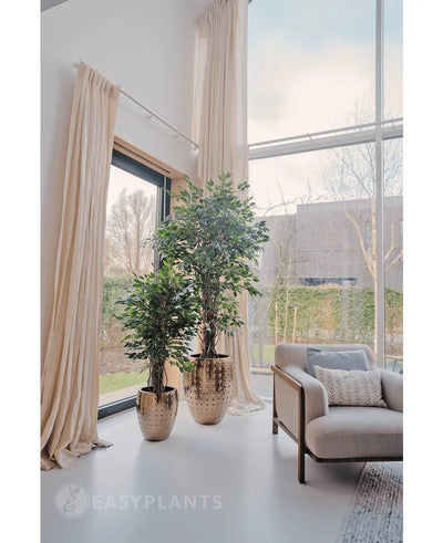 The Artificial Plant Ficus Tropical Liana 150 cm stands near floor-to-ceiling windows with beige curtains in a bright modern living room, ideal for stylish office decoration. A bright armchair sits nearby, with trees and hedges visible outside.