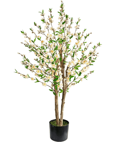 De Kunstplant Kersenbloesem 120 cm crème is een kunstmatige kersenbloesemboom in pot met meerdere bruine stammen, groene bladeren en trosjes kleine witte bloemen tegen een effen witte achtergrond.