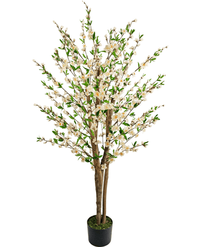 De Kunstplant Kersenbloesem 150 cm crème heeft meerdere bruine stammen, groene bladeren en trossen kleine witte bloemen in een kunstboom in pot tegen een effen witte achtergrond.