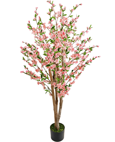 De Kunstplant Kersenbloesem 150 cm roze is een kunstmatige kersenbloesemboom met meerdere bruine stammen, roze bloemen en groene bladeren, afgebeeld tegen een effen witte achtergrond.