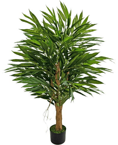 De Kunstplant Longfolia 120 cm is een hoge kunstboom met slanke groene bladeren en een bruine stam, in een zwarte pot met groen mos, tegen een effen witte achtergrond.
