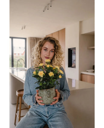 Een vrouw met krullend blond haar, gekleed in een denim shirt en spijkerbroek, zit op een aanrecht en houdt de Kunstplant Mini Rose UV 35 cm geel vast. De keuken heeft houten kastjes en een raam op de achtergrond.