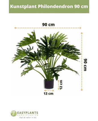 Artificial plant Philodendron UV 90 cm in a black pot, with 90 cm wide leaves. Perfect for any space. Pot size: 12 cm high, 13 cm wide. Easyplants logo at the bottom.