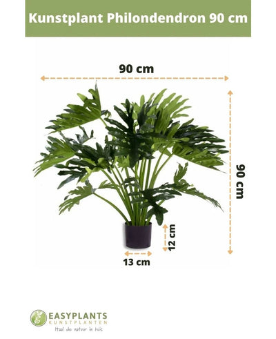 Artificial plant Philodendron UV 90 cm in a black pot, with 90 cm wide leaves. Perfect for any space. Pot size: 12 cm high, 13 cm wide. Easyplants logo at the bottom.