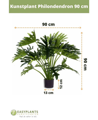 Kunstplant Philodendron UV 90 cm in een zwarte pot, met 90 cm brede bladeren. Perfect voor elke ruimte. Potmaat: 12 cm hoog, 13 cm breed. Easyplants logo onderaan.