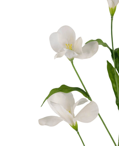The Artificial Rhododendron Azalea Real Touch White 80cm has three delicate white flowers with green stems and leaves against a plain white background.
