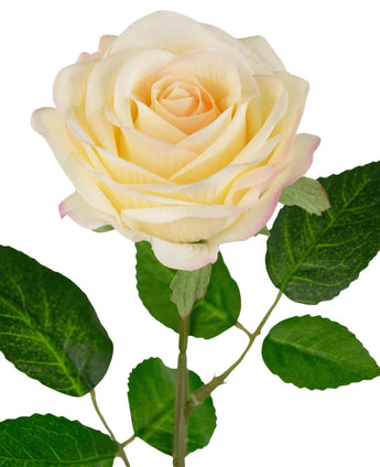 The Artificial Rose "Emine" Real Touch yellow/cream 43cm has a single light yellow artificial rose with soft pink petals and green leaves, attached to a realistic stem, isolated on a white background.