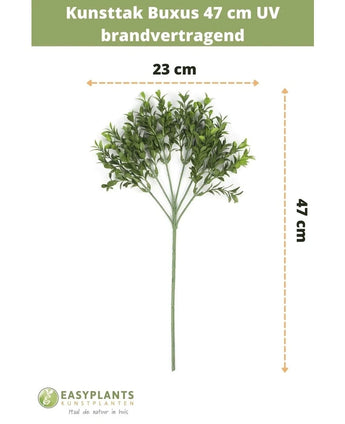 Artificial branch Buxus 47 cm UV flame retardant, 23 cm wide, with green plastic leaves on several branches. Specifications and dimensions in Dutch, with EasyPlants branding at the bottom.