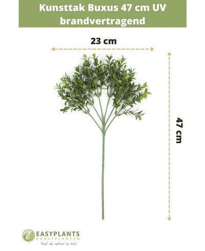 Artificial branch Buxus 47 cm UV flame retardant, 23 cm wide, with green plastic leaves on several branches. Specifications and dimensions in Dutch, with EasyPlants branding at the bottom.