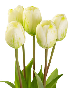 Het Kunsttulpenboeket Real Touch Groen/wit 40cm heeft zes lichtgele tulpen met groene accenten en lange groene stelen, rechtopstaand tegen een witte achtergrond met groene bladeren aan de basis.