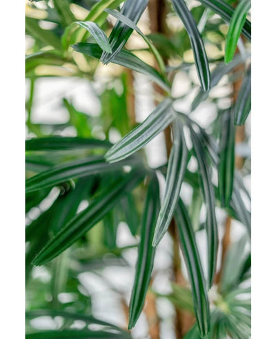 Close-up of long, slender green leaves with white stripes of the Artificial Lady Palm 180 cm. The softly faded background emphasizes the texture and colors of this elegant artificial plant.
