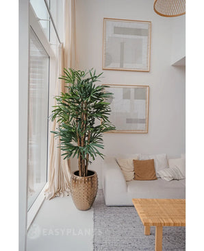 A Lady Artificial Palm 180 cm is placed near a large window in a bright, modern living room with a white sofa, beige cushions, woven table and abstract art. It adds a cozy minimalist style with its neutral tones and green artificial plant charm.