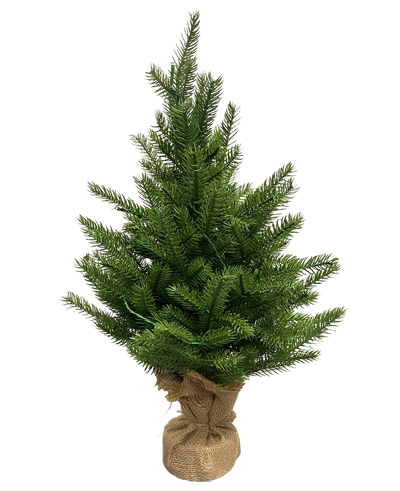 De Kunstkerstboom Mini "Munchi" 60 cm 100% PE - Smart LED is een kleine groene kunstkerstboom met real-touch naalden, een met jute omwikkelde voet en staat rechtop tegen een effen witte achtergrond.