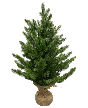 De Kunstkerstboom Mini "Munchi" 60 cm (100% PE) is een kleine, groene den met dichte takken. Zijn basis is omwikkeld met jute en vastgebonden met touw en staat rechtop tegen een effen witte achtergrond.