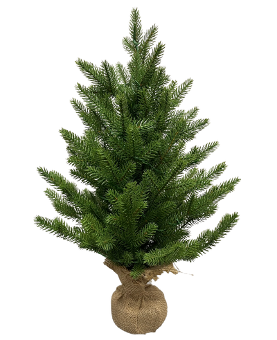 De Kunstkerstboom Mini "Lillemor" 60 cm, gemaakt van 100% PE met dichte groene takken en een eersteklas 'real touch'-gevoel, is verpakt in jute en wordt afgebeeld tegen een effen witte achtergrond.