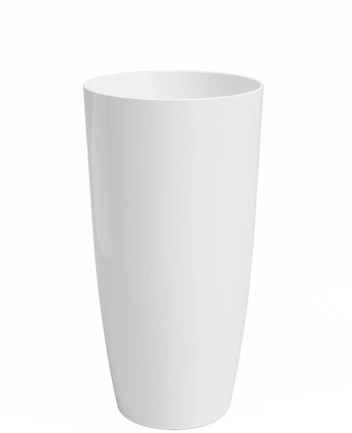 The Planter Santorini is a tall, white, cylindrical vase (Ø27cm x H40cm) with a smooth, glossy finish. The vase stands upright against a plain white background.