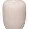 De Vaas Artic Beige (Ø21 x H29 cm) is een gladde vaas van gebroken wit keramiek met een ronde vorm en een kleine uitlopende opening, afgebeeld tegen een witte achtergrond.