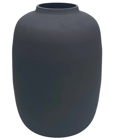 The Artic Black Vase Ø21 x H29 cm is a matte black, round ceramic vase with a smooth surface and a wide opening, depicted against a plain white background.