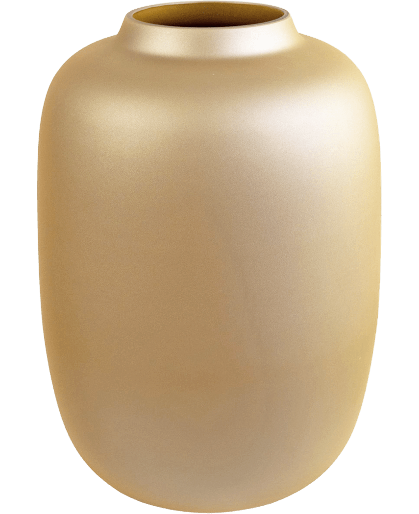 The Vase Artic Gold (Ø21 x H29 cm) is a slim, matte gold vase with a wide body and a narrow, slightly flared opening, displayed on a plain white background.