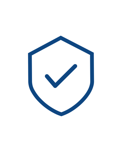 Het pictogram Verzendverzekering is een blauw schild met een centraal vinkje, dat veiligheid, orderverificatie of leveringsgarantie symboliseert, op een witte achtergrond.