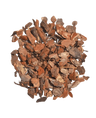 A stack of Filling Material Tree Bark-Wood Bark 15L, consisting of dried brown tree bark chips, is arranged in a circular shape on a white background.