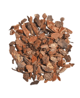 A stack of Filling Material Tree Bark-Wood Bark 15L, consisting of dried brown tree bark chips, is arranged in a circular shape on a white background.