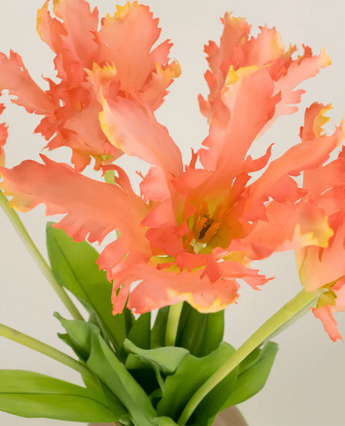 Zijden kunstbloemen boeket Franse Parkiet Tulp koraal