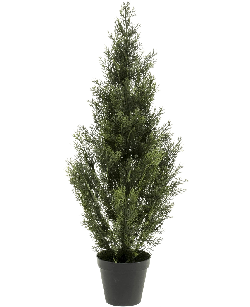 The Artificial Plant Conifer UV 90cm is a small artificial pine with dense green foliage in a black plastic pot, standing upright against a plain white background.