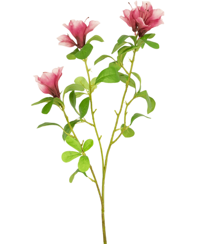 Een enkele Kunstbloem Rododendron Azalea 73 cm fuchsia steel met drie bloeiende roze bloemen en meerdere groene bladeren op een witte achtergrond.