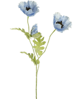Watercolor illustration of Artificial poppy flower 73 cm blue with two blooming blue poppy flowers and a bud with green stems and leaves on a white background.