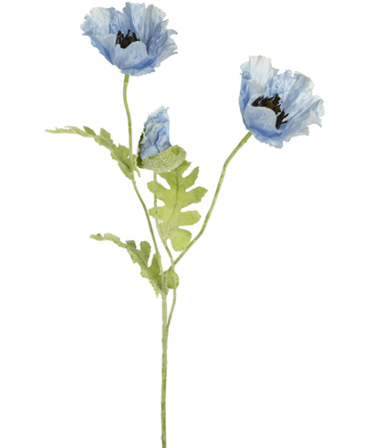 Watercolor illustration of Artificial poppy flower 73 cm blue with two blooming blue poppy flowers and a bud with green stems and leaves on a white background.