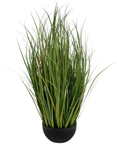 De Kunstgras Dogtail uiengras Bran 90cm is een groene kunstgrasplant met lange, smalle bladeren in een ronde zwarte pot, brandvertragend, tegen een effen witte achtergrond.