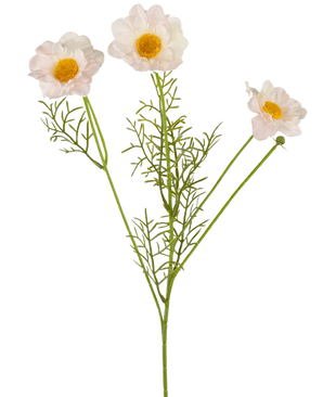 The Artificial Rose Collar Real Touch White/Pink 50cm has three light pink and white artificial flowers with yellow centers and delicate green leaves on long stems, beautifully displayed against a plain white background.