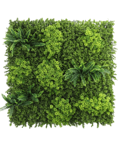 Het Kunsthaag Moss 100x100 cm UV-paneel heeft dicht, gevarieerd groen gebladerte en verschillende clusters van varenachtige bladeren op een witte achtergrond.