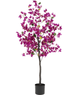 The Artificial Bougainvillea 150 cm Purple has a tall, slender stem with vibrant purple flowers and green leaves, in a simple black pot against a white background.