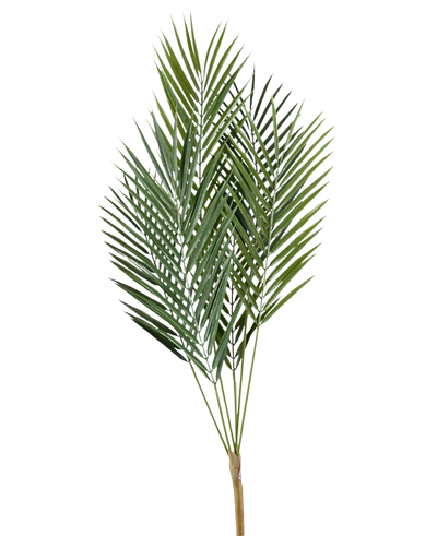 De Kunstpalm Chamaedorea 78 cm heeft lange, slanke groene palmbladeren met puntige uiteinden aan meerdere dunne stelen, tegen een effen witte achtergrond.