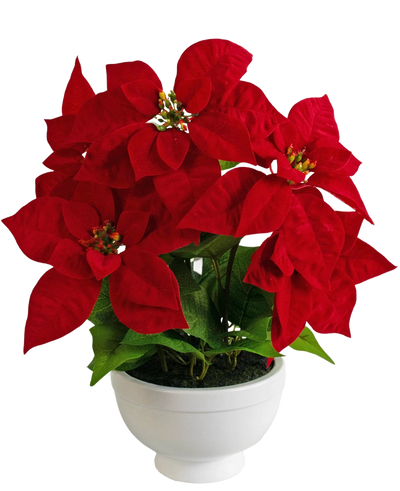 De Kunstplant Kerstster 44 cm rood is een witte pot met een kerststerplant met levendige rode, stervormige bladeren en groen blad tegen een effen witte achtergrond.