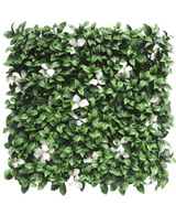 The Artificial Hedge Gardenia with white flower 50x50 cm UV is a square panel with dense green leaves and scattered white flowers against a white background.