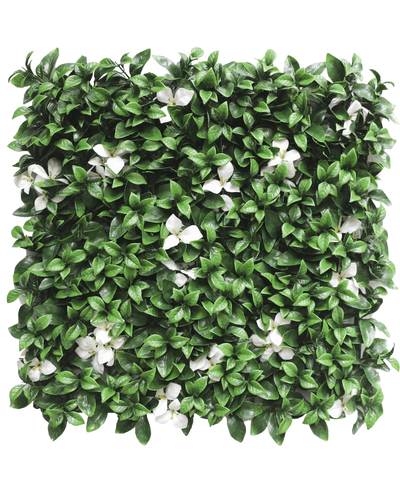The Artificial Hedge Gardenia with white flower 50x50 cm UV is a square panel with dense green leaves and scattered white flowers against a white background.