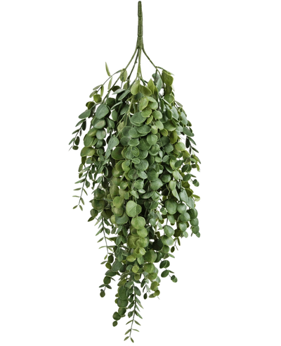 De Kunst hangplant Eucalyptus 76 cm heeft dichte, trapsgewijze kunstmatige eucalyptusbladeren met ronde en ovale vormen, perfect om groen toe te voegen aan elke ruimte.