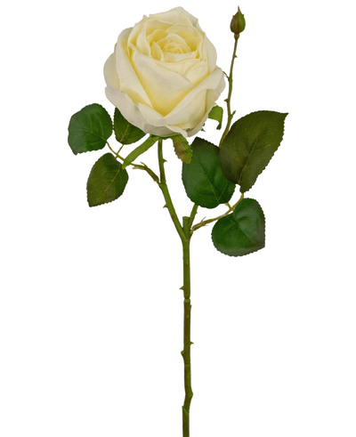 De Kunstroos Deluxe 45 cm wit is een enkele witte kunstroos met groene bladeren en een kleine knop op een lange steel, tegen een effen witte achtergrond.