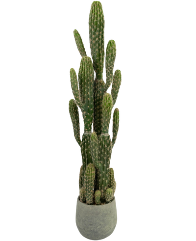 De Kunst Cactus 100 cm heeft een hoog groen ontwerp met meerdere rechtopstaande armen en een gestructureerd oppervlak, weergegeven in een ronde grijze pot.
