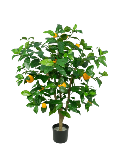 Een Kunstplant Citroenboom 90 cm met levendige groene bladeren en levensechte gele citroenen, tegen een effen witte achtergrond.