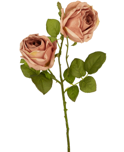 De Kunstroos Deluxe 55 cm roze heeft twee rozebruine kunstrozen met groene bladeren op een enkele steel, die een opvallend contrast vormen tegen een effen witte achtergrond.