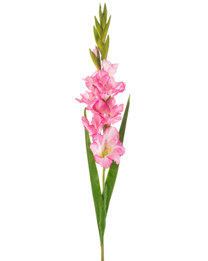 Een enkele Kunstbloem Gladiolen 93 cm felroze met meerdere felroze bloesems en knoppen, gepaard met lange groene bladeren, op een witte achtergrond.