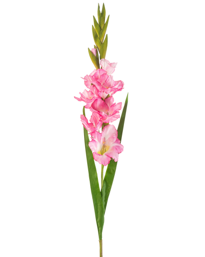 Een enkele Kunstbloem Gladiolen 93 cm felroze met meerdere felroze bloesems en knoppen, gepaard met lange groene bladeren, op een witte achtergrond.
