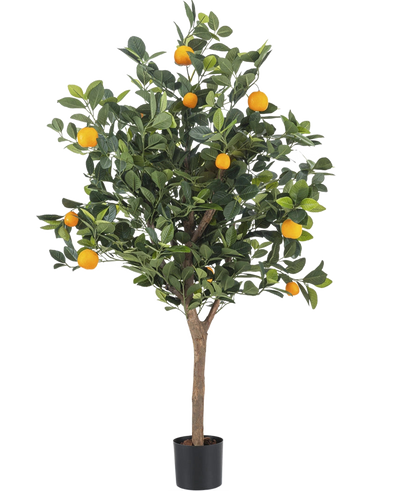De Kunst sinaasappelboom 120 cm heeft dichte groene bladeren en levendige oranje vruchten tegen een effen witte achtergrond.