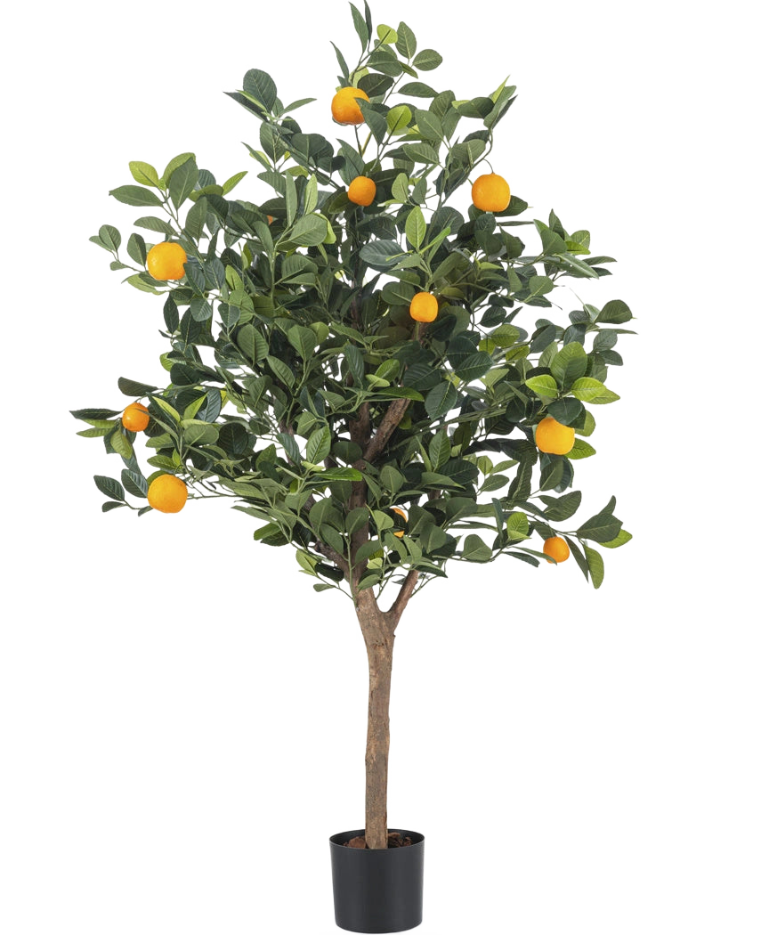 The Artificial Orange Tree 120 cm has dense green leaves and vibrant orange fruits against a plain white background.